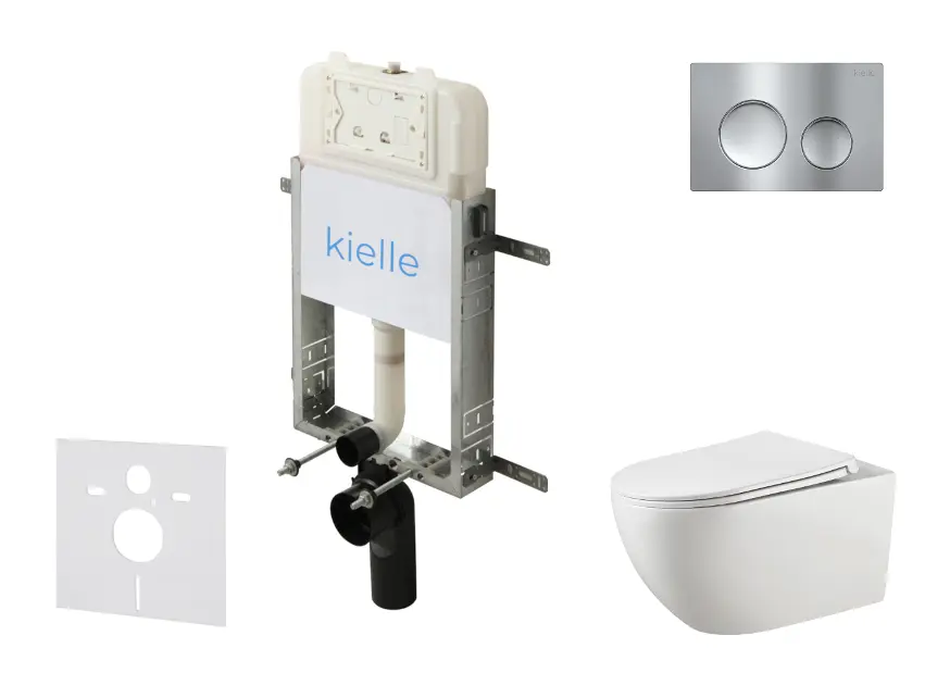 kielle Genesis New - Комплект структура за вграждане, тоалетна чиния Gaia, Rimless, SoftClose седалка и бутон Gemini New I, лъскав хром 30528SZ11