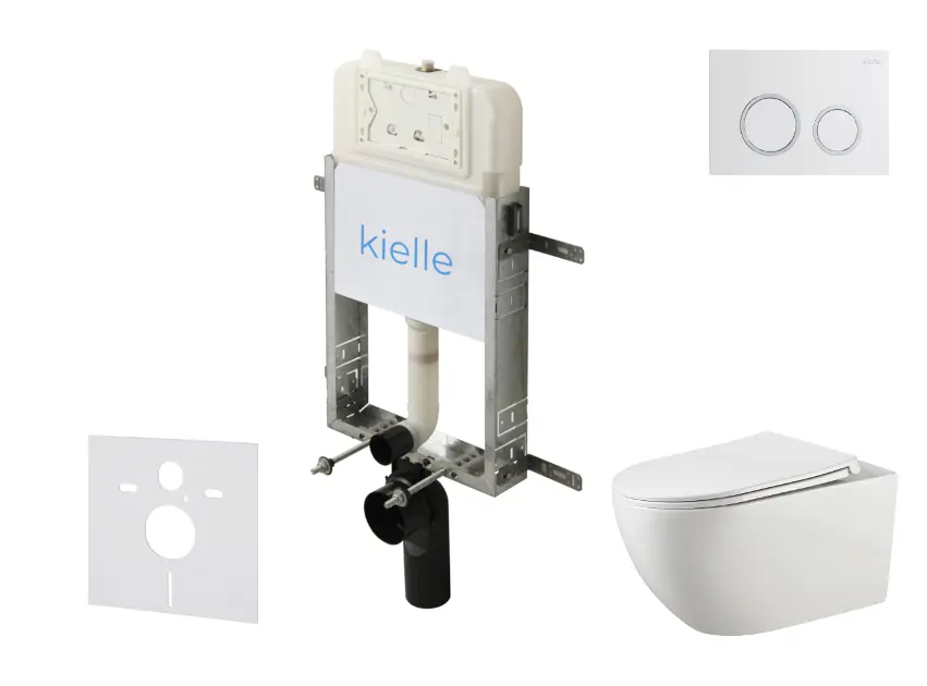 kielle Genesis New - Set predstenovej inštalácie, klozetu Gaia, Rimless, dosky softclose a tlačidla Gemini New II, lesklá biela/chróm 30528SZ13