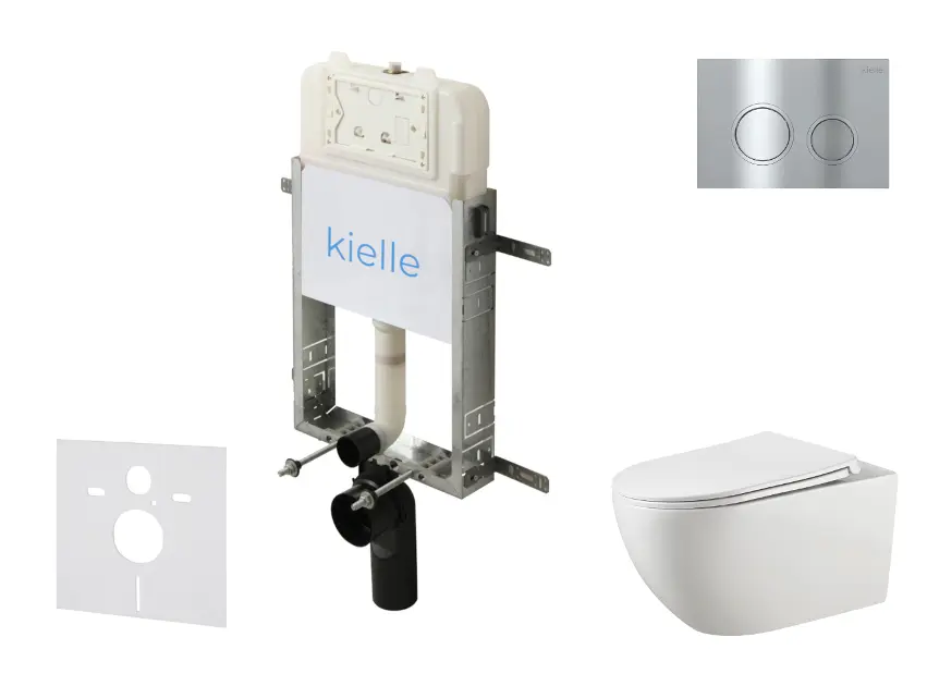 kielle Genesis New - Комплект структура за вграждане, тоалетна чиния Gaia, Rimless, SoftClose седалка и бутон Gemini New II, лъскав хром 30528SZ14