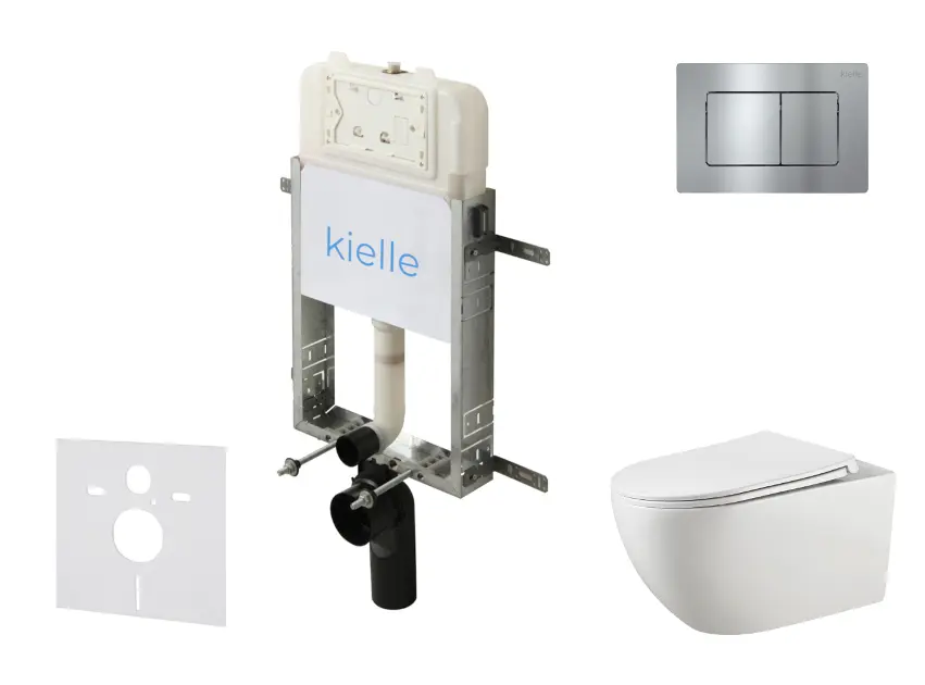 kielle Genesis New - Комплект структура за вграждане, тоалетна чиния Gaia, Rimless, SoftClose седалка и бутон Gemini New III, лъскав хром 30528SZ17