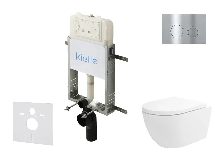 kielle Genesis New - Комплект структура за вграждане, тоалетна чиния Oudee Vortex, Rimless+, SoftClose седалка и бутон Gemini New II, лъскав хром 30528SZ23