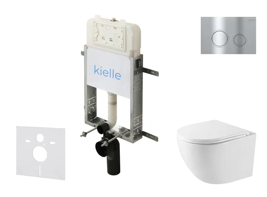 kielle Genesis New - Set za predzidnu ugradnju, kompaktna školjka Oudee Vortex, Rimless+, daska s mekim zatvaranjem i tipka za ispiranje Gemini New II, sjajni krom 30528SZ41