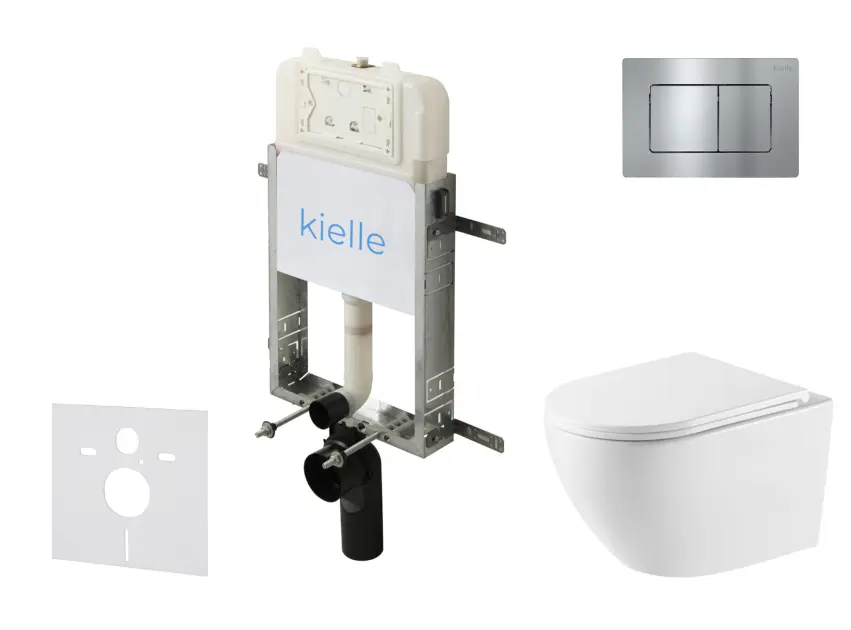 kielle Genesis New - Set za predzidnu ugradnju, školjka Oudee Vortex, Rimless+, daska s mekim zatvaranjem i tipka za ispiranje Gemini New III, sjajni krom 30528SZ62