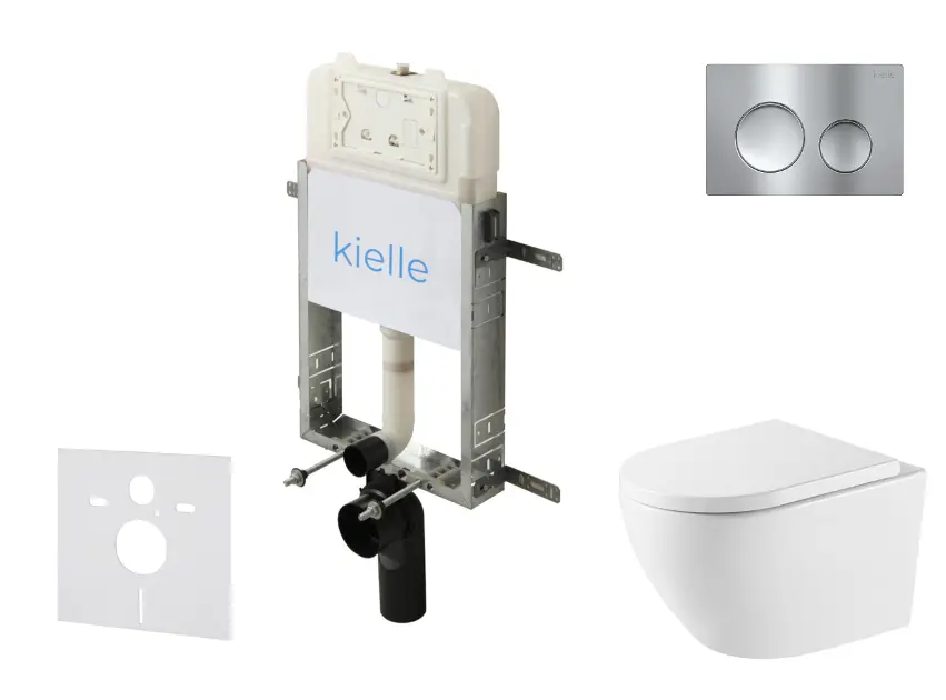 kielle Genesis New - Set za predzidnu ugradnju, školjka Oudee Vortex, Rimless+, daska s mekim zatvaranjem i tipka za ispiranje Gemini New I, sjajni krom 30528SZ65