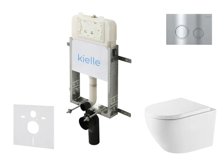 kielle Genesis New - Set za predzidnu ugradnju, školjka Oudee Vortex, Rimless+, daska s mekim zatvaranjem i tipka za ispiranje Gemini New II, sjajni krom 30528SZ68