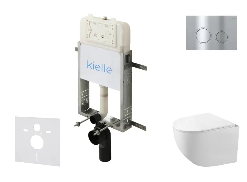 kielle Genesis New - Set za predzidnu ugradnju, kompaktna školjka Gaia, Rimless, daska s mekim zatvaranjem i tipka za ispiranje Gemini New II, sjajni krom 30528SZ86