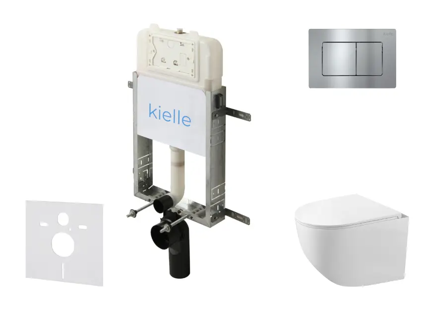 kielle Genesis New - Комплект структура за вграждане, компактна тоалетна чиния Gaia, Rimless, SoftClose седалка и бутон Gemini New III, лъскав хром 30528SZ89
