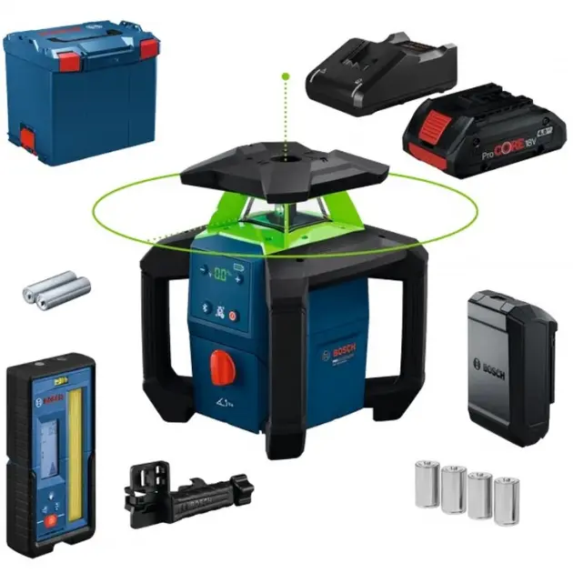 Bosch - 18V AKU ротационен лазер GRL18V-4-34CVG, обхват 400 m, 1x батерия 4.0 Ah Li-Ion, зарядно устройство 0601061H00