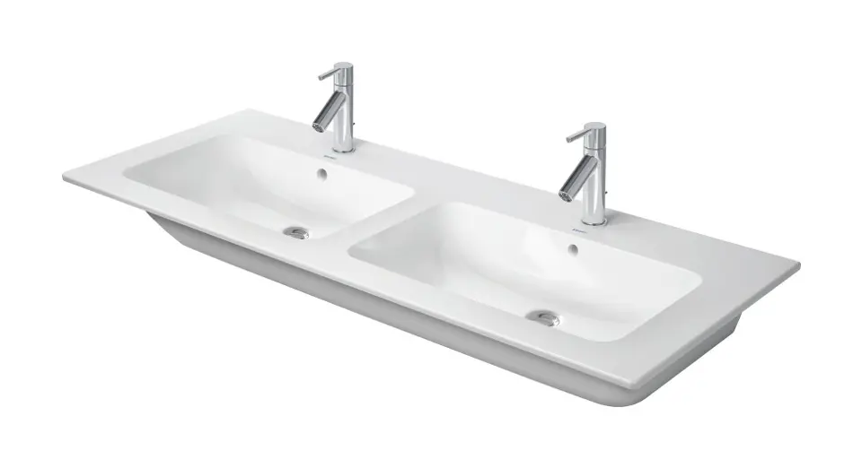 Duravit ME by Starck - Dubbele wastafel 130x49 cm, met overloop, 2 gaten voor batterij, DuraShield, mat wit 233613AC00
