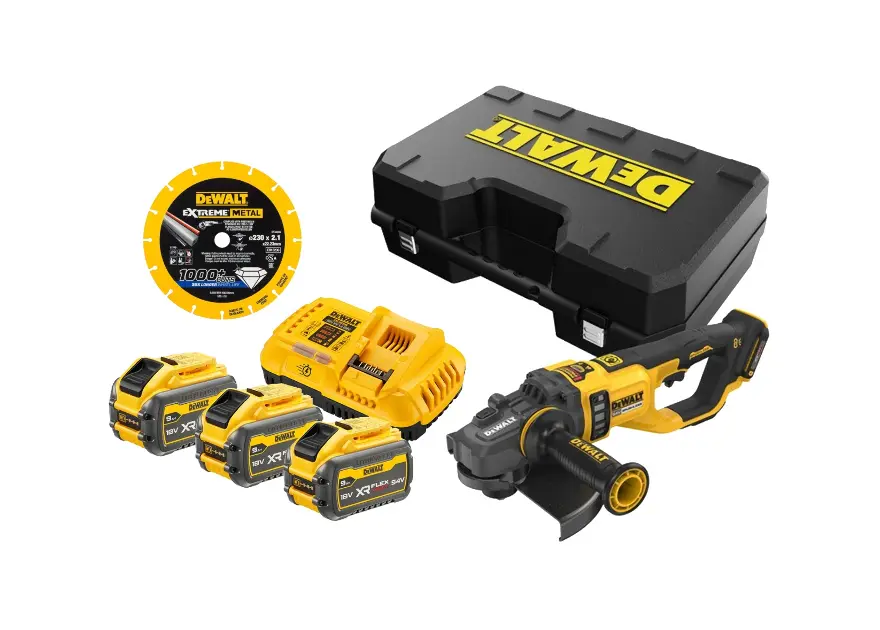 DeWALT - 54V AKU uhlová brúska 230 mm, s príslušenstvom, 3x aku 9,0 Ah Li-Ion, nabíjačka DCG460NKA