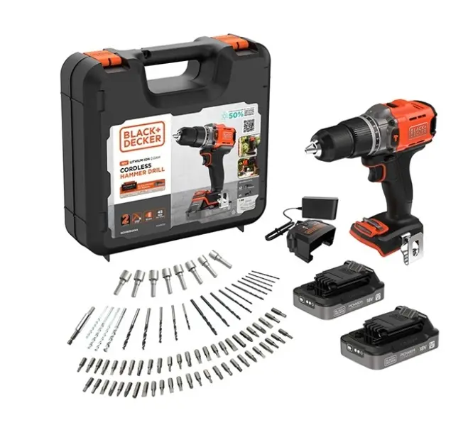Levně BLACK+DECKER - 18V AKU vrtací šroubovák s příklepem, s příslušenstvím, 2x aku 2,0 Ah Li-Ion, nabíječka BCD383D2XKA-QW