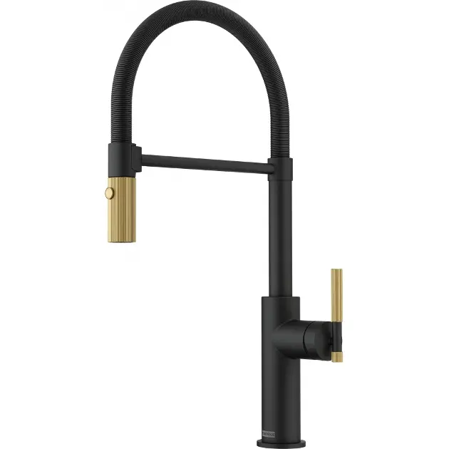 Franke Maris Stripes Semi Pro - Mitigeur d'évier FG 4768.504 avec bras flexible et douchette, noir mat/doré 115.0747.679
