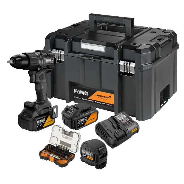 Levně DeWALT - 18V AKU vrtací šroubovák s příklepem, s příslušenstvím, McLaren, 2x aku 4,0 Ah XR Li-Ion, nabíječka DCD86MM2KT