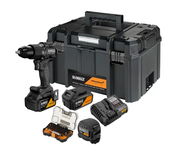 E-shop DeWALT - 18V AKU vŕtací skrutkovač s príklepom, s príslušenstvom, McLaren, 2x aku 5,0 Ah XR Li-Ion, nabíjačka DCD86MP2KT