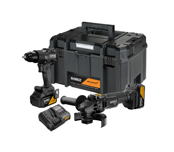 Levně DeWALT - 18V AKU sada příklepové vrtačky a úhlové brusky, McLaren, 2x aku 5,0 Ah Li-Ion XR, nabíječka DCK2223MP2T