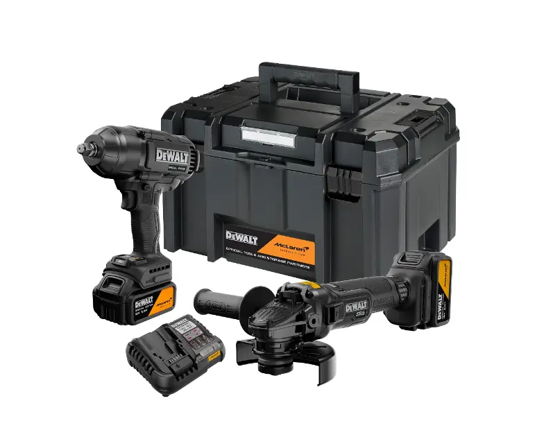 Levně DeWALT - 18V AKU sada úhlové brusky a rázového utahováku, McLaren, 2x aku 5,0 Ah Li-Ion XR, nabíječka DCK2225MP2T