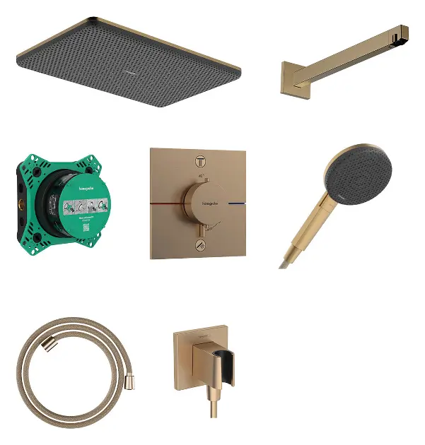E-shop Hansgrohe Raindance Alive Q - Sprchový set s termostatom pod omietku, s telesom, 21x34 cm, 3 prúdy, kefovaný bronz 24620140