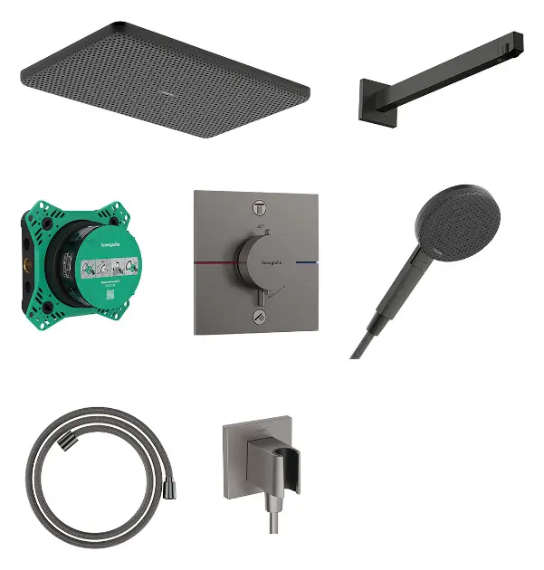 E-shop Hansgrohe Raindance Alive Q - Sprchový set s termostatom pod omietku, s telesom, 21x34 cm, 3 prúdy, kefovaný čierny chróm 24620340