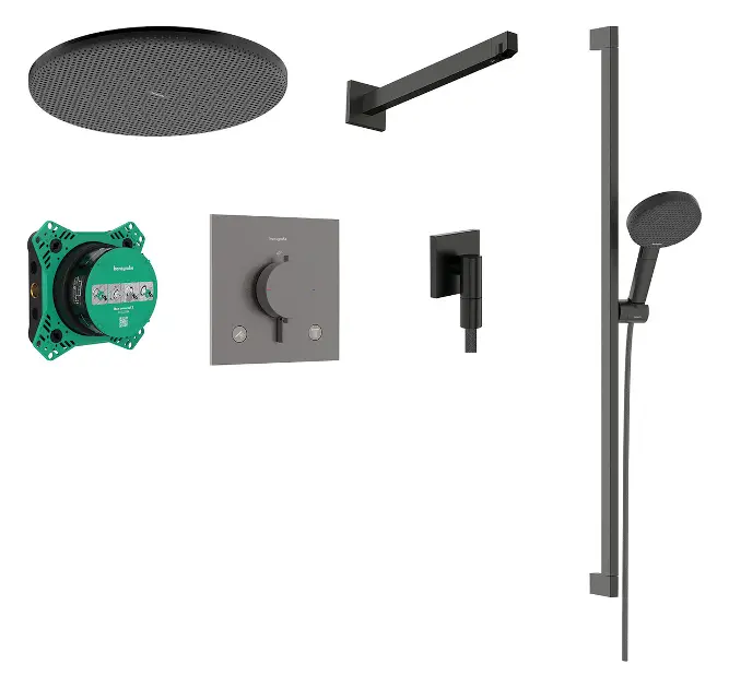 E-shop Hansgrohe Raindance Alive S - Sprchový set s termostatom pod omietku, s telesom, priemer 30 cm, 3 prúdy, kefovaný čierny chróm 24622340