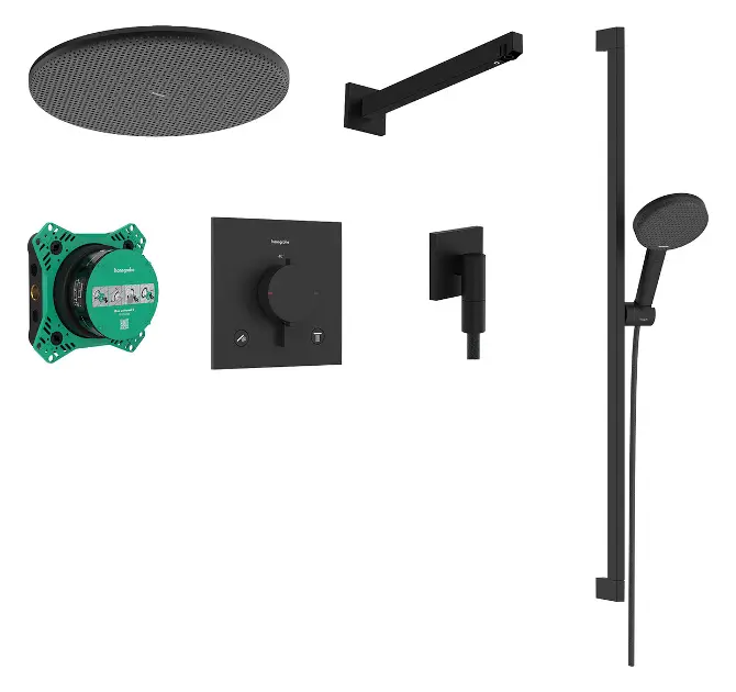 E-shop Hansgrohe Raindance Alive S - Sprchový set s termostatom pod omietku, s telesom, priemer 30 cm, 3 prúdy, matná čierna 24622670