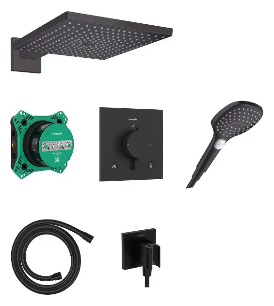 E-shop Hansgrohe Raindance E - Sprchový set s termostatom pod omietku, s telesom, 30x30 cm, 3 prúdy, matná čierna 24623670