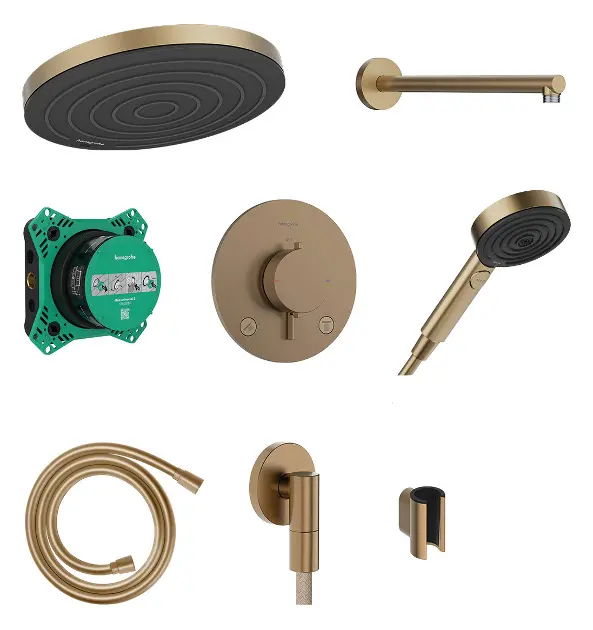 Hansgrohe Pulsify S - Set doccia con termostato a incasso, con corpo, diametro 26 cm, EcoSmart, bronzo spazzolato. 24624140