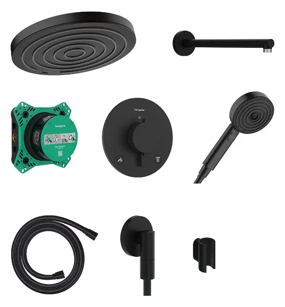 E-shop Hansgrohe Pulsify S - Sprchový set s termostatom pod omietku, s telesom, priemer 26 cm, EcoSmart, matná čierna 24624670
