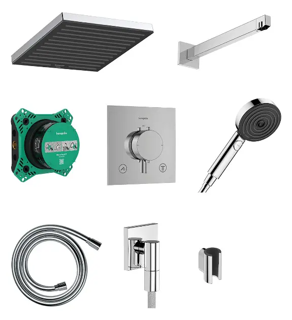 Hansgrohe Pulsify E - Set de douche avec thermostat encastré, corps d’encastrement, 26x26 cm, EcoSmart, chrome 24625000