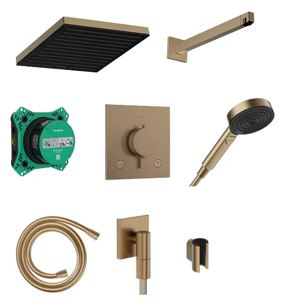 Hansgrohe Pulsify E - Set de douche avec thermostat encastré, avec corps d'encastrement, 26x26 cm, EcoSmart, bronze brossé 24625140