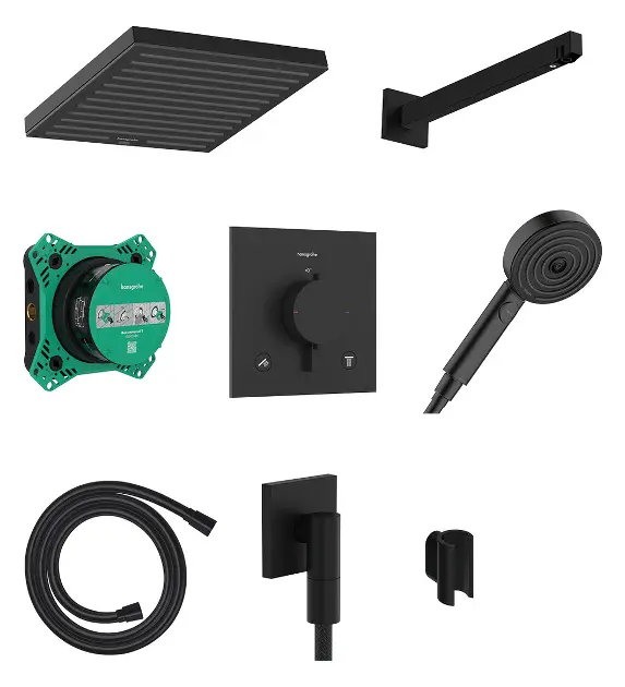 E-shop Hansgrohe Pulsify E - Sprchový set s termostatom pod omietku, s telesom, 26x26 cm, EcoSmart, matná čierna 24625670