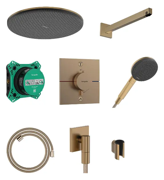 E-shop Hansgrohe Raindance Alive S - Sprchový set s termostatom pod omietku, priemer 30 cm, 3 prúdy, kefovaný bronz 24630140