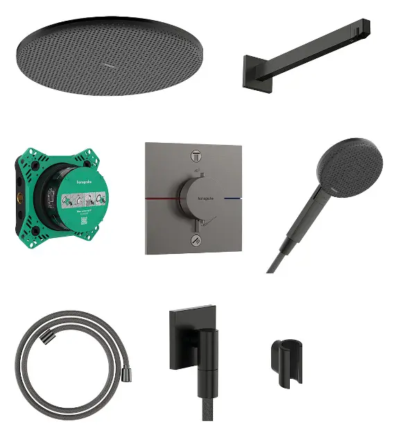 E-shop Hansgrohe Raindance Alive S - Sprchový set s termostatom pod omietku, priemer 30 cm, 3 prúdy, kefovaný čierny chróm 24630340