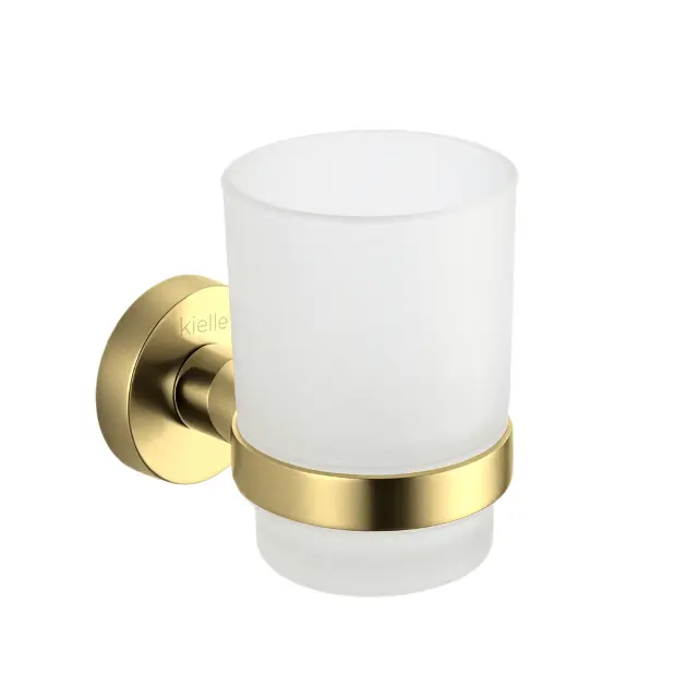 kielle Oudee - Sklenka na kartáčky a pastu s držákem, matné sklo/brushed gold 40002026