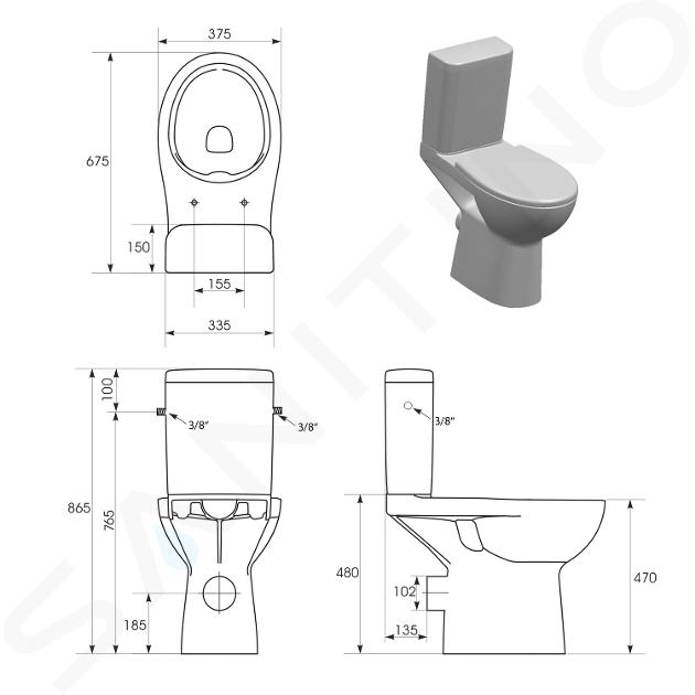 Sapho Etiuda - WC monoblocco per portatori di handicap CLEAN ON, Rimless,  scarico posteriore, bianco K11-0221