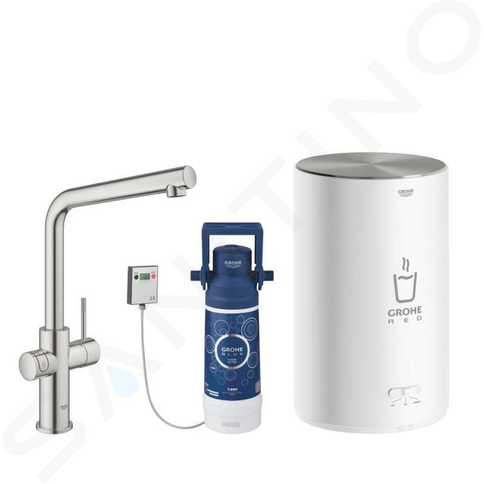 Grohe Red - Dřezová baterie Duo s ohřevem vody a filtrací, zásobník M, supersteel 30327DC1