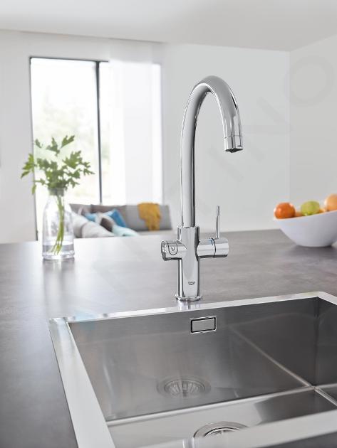 Grohe Blue Home Mitigeur monocommande d'évier 31539000 chrome, kit de  démarrage bec en L, bec mousseur coulissant