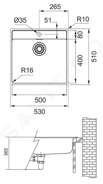 Lavello da Incasso Semifilo - Filotop 1 Vasca Inox 53 x 51 Maris Semifilo -  Filotop MRX 210-50 TL Franke 127.0525.273