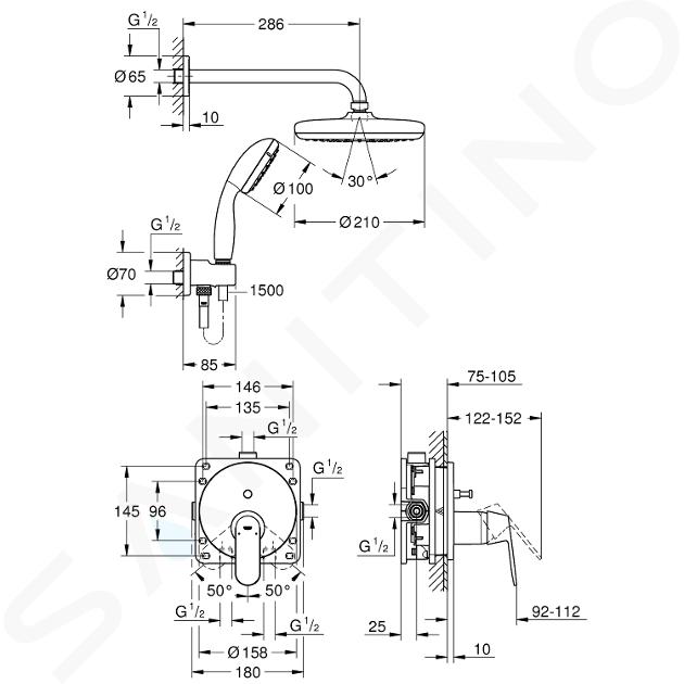 Grohe Eurosmart Conjunto de ducha empotrada con ducha de techo XXL 250,  ducha de 2 rociadores y soporte de pared, Cromo (25219001-XXL)