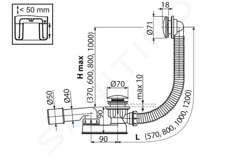 Alcadrain Garnitures de vidage - Garniture de vidage et de trop-plein,  longueur 570 mm, Click-Clack