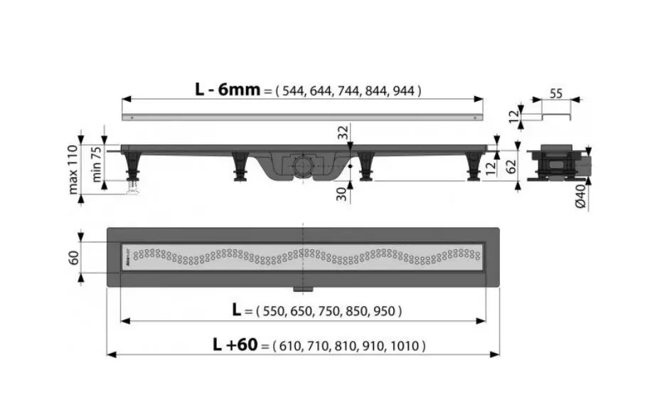Alcadrain Odtokove zlaby - Sprchovy zlab Simple 850 mm, s okrajem pro ...
