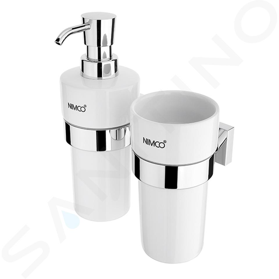 Nimco Keira - Dispensador de jabón y vaso con soporte, cerámica blanca/cromo KE 2205831KN-26