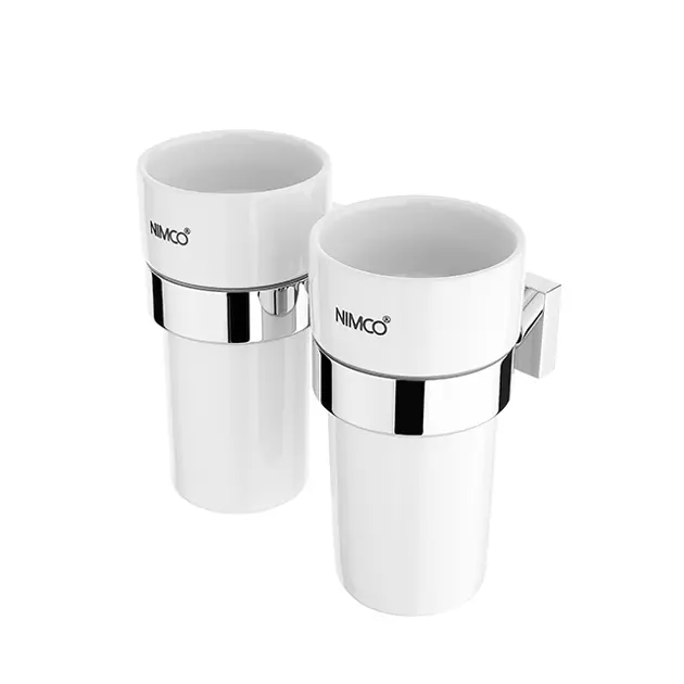 Nimco Keira - Cupe pentru periuță de dinți și pastă de dinți cu suport, ceramică albă/cromată KE 22058DKN-26