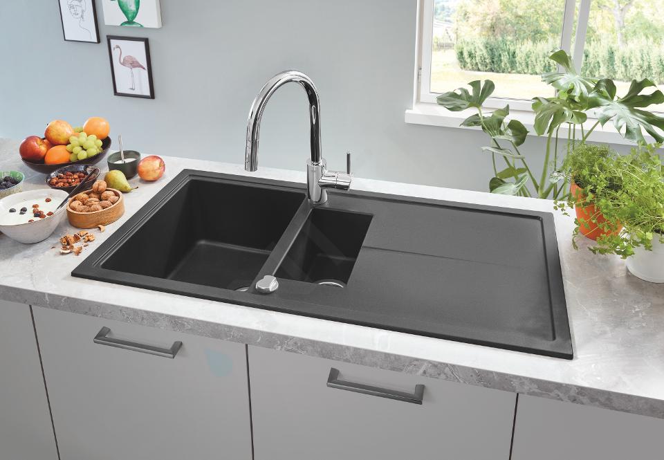 Lyrisch Vertrek naar Rechtzetten Grohe Spoelbakken - Composiet spoelbak K400 met automatische waste,  1000x500 mm, grafiet zwart 31642AP0 | Sanitino.nl