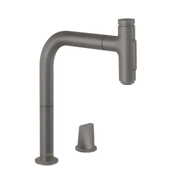 Levně Hansgrohe M71 - Dřezová baterie M7120-H200 s výsuvnou sprškou, 2-otvorová instalace, sBOX, kartáčovaný černý chrom 73818340