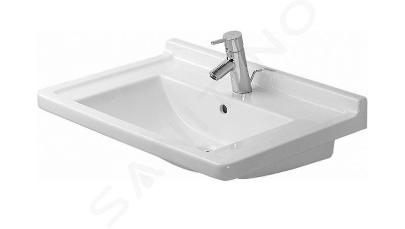 Duravit Starck 3 - Umývadlo, 700x490 mm, s prepadom, s otvorom na batériu, WonderGliss, biela 03047000001