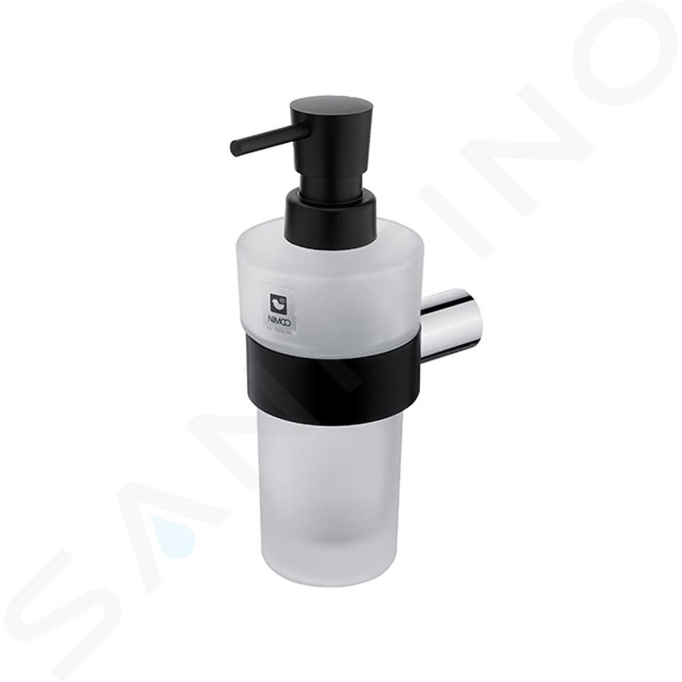 Nimco Nava - Dispenser di sapone liquido con supporto, nero opaco/ cromo/ vetro bianco NA 28031W-T-b