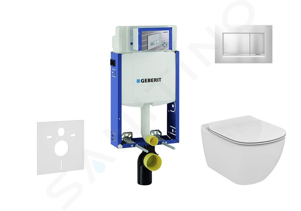 Geberit Kombifix - Installationselement für Wand-WC  mit Betätigungsplatte SIGMA30, Chrom matt/Chrom +  Ideal Standard Tesi - WC und WC Sitz, Aquablade, SoftClose 110.302.00.5 NU7