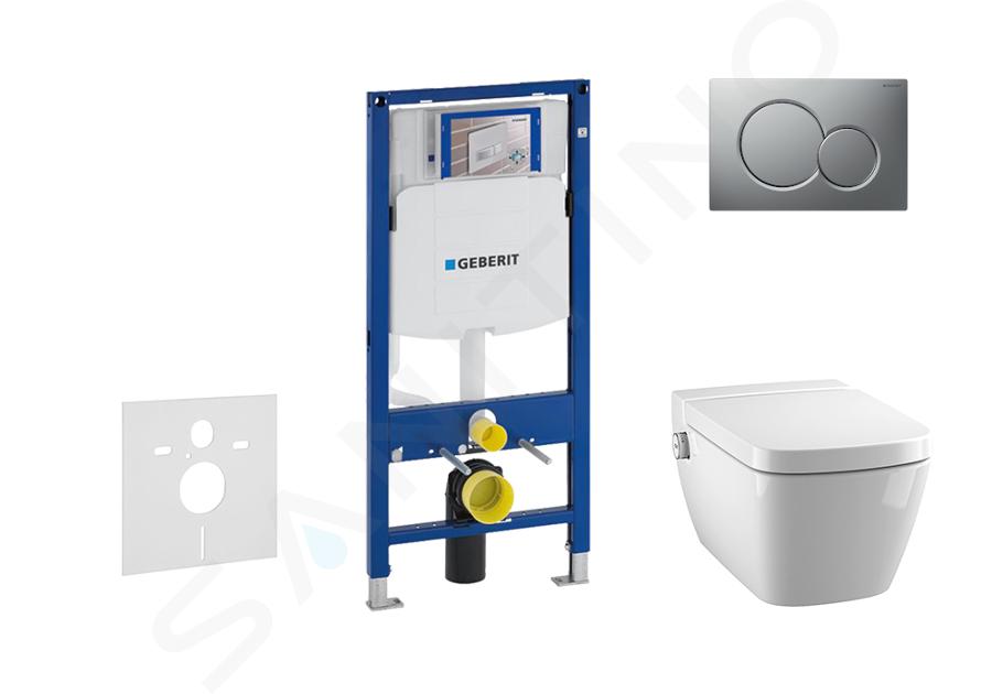 Geberit Duofix - Moduł do wiszącej toalety z przyciskiem Sigma01, chrom matowy + Tece One - toaleta z funkcją mycia i deską sedesową, bezkołnierzowa, SoftClose 111.300.00.5 NT3
