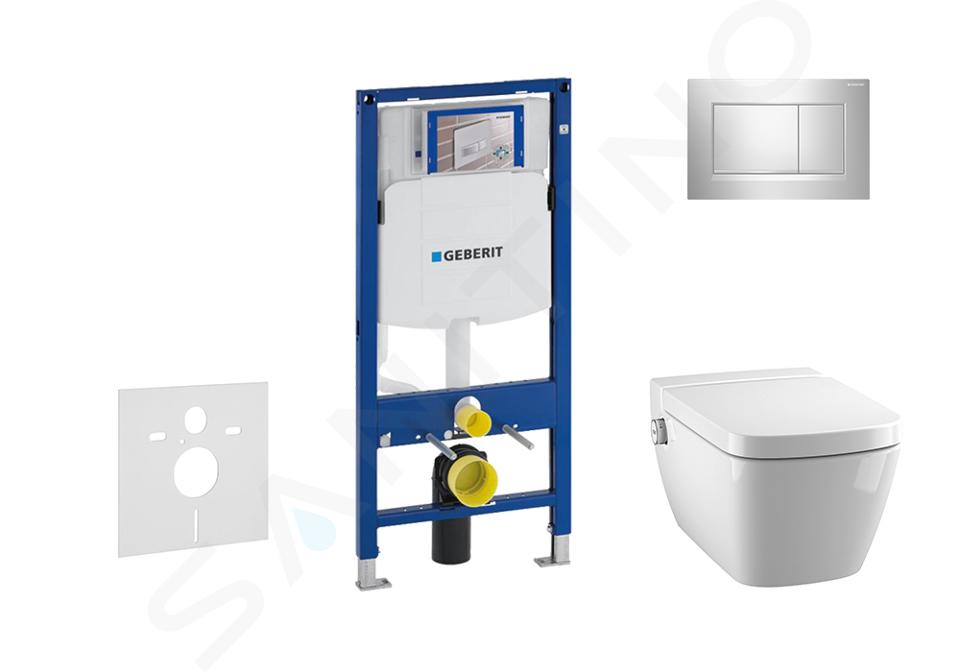 Geberit Duofix - Moduł do WC wiszącego z przyciskiem Sigma30, chrom błyszczący/chrom matowy + Tece One - toaleta myjąca i deska, bez kołnierza, SoftClose 111.300.00.5 NT6