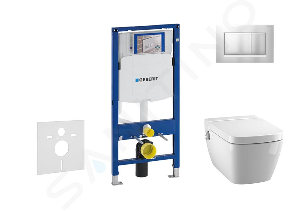 Geberit Duofix - Moduł do wiszącej toalety z przyciskiem Sigma30, chrom matowy/chrom + Tece One - toaleta z funkcją mycia i deską sedesową, bezkołnierzowa, SoftClose 111.300.00.5 NT7